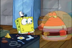 ditzything:  ruinedchildhood:  HERE’S MR.KRABS IN THE MIDDLE OF MORPHING INTO A KRABBY PATTY  can we discuss about whats going on in this episode 