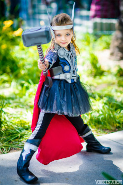 heroineimages:  quicksilver-ink:  cosplayblog:   Lady Thor from Marvel Universe   Cosplayer: Miley Romero  Photographer: York In A Box    The most adorable tiny cosplayer I’ve seen in a while.  Excellent combination of formidable and adorable. 