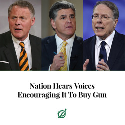 theonion:  WASHINGTON—Searching for a motive to explain the country’s epidemic of mass shootings, sources confirmed Friday that the nation was constantly hearing voices encouraging it to buy a gun. “I hear them all the time, these angry, paranoid