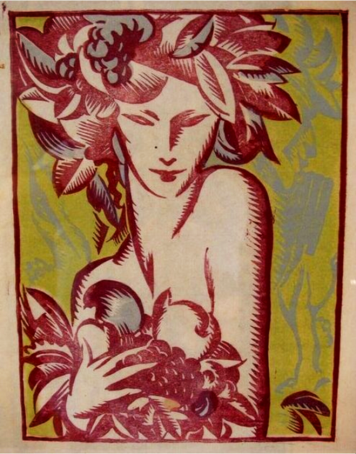 ein-bleistift-und-radiergummi:Roland Francis Cosimini Woodcut ‘Bacchante‘ 1930s.(via eBay)