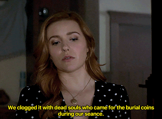 GIF FROM EPISODE 1X08 OF NANCY DREW. NANCY STANDS IN HER HOUSE. SHE NODS AS SHE SAYS "WE CLOGGED IT WITH DEAD SOULS WHO CAME FOR THE BURIAL COINS DURING OUR SEANCE."