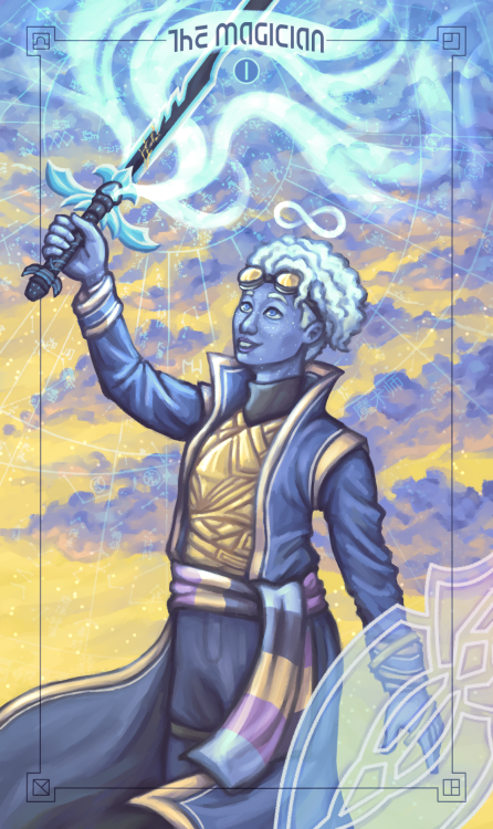 [ID: digital painting of Nova V’ger as the Magician tarot card. Nova is shown from the knees u