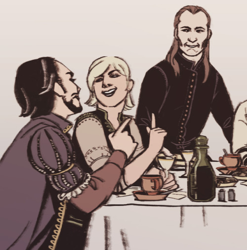 velvettodraws:Witcher Yule 2017, prompt #29, [book] Geralt, Milva, Angouleme, Cahir and Regis having