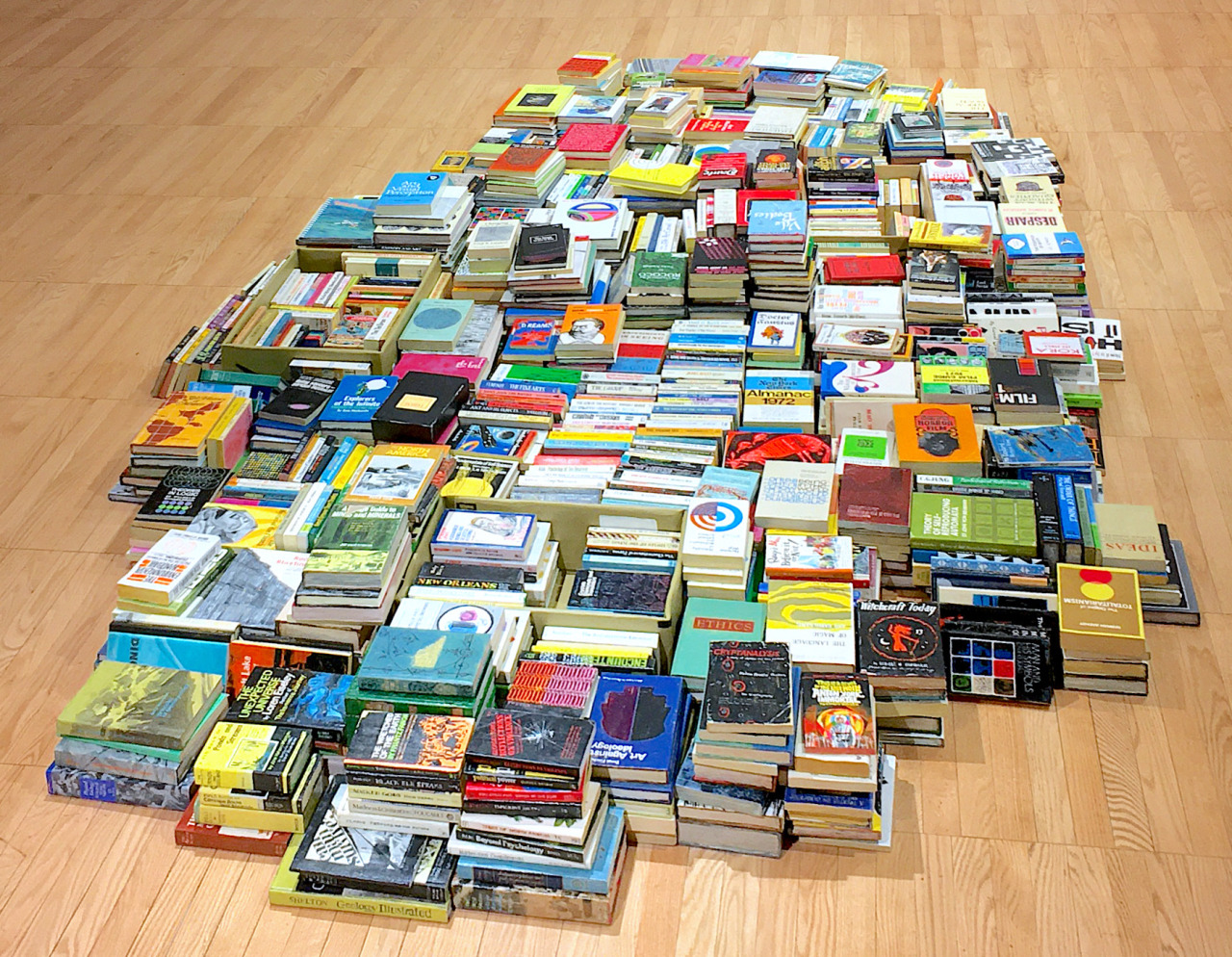 UNTITLED PROJECT: ROBERT SMITHSON LIBRARY & BOOK CLUB, Oil paint on carved wood, dimensions variable, 2014—2019
>> Untitled Project: Robert Smithson Library & Book Club consists of carved and painted book/sculptures based on the titles from the...