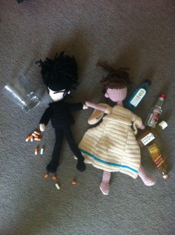 neil-gaiman:  amandapalmer:  adelaide  Am I the only one wondering how puppet Neil managed to swallow pills bigger than his hand? Or how puppet Amanda managed to finish off  that much booze? I do not believe this was a suicide pact. I think it was MURDER.