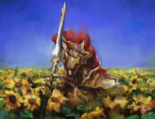 capi-sskk:  ornstein is resting. he wears a yellow armour because he likes sunflowers. he’s also a virgoi still dont know how i feel about the weapon, so why not have both versions. this drawing is too bright for my taste