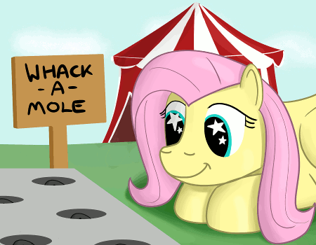 hoofclid:Fluttershy isn’t convinced by the *game* of Whack-a-Mole, but she does like to watch the moles pop up. x3! D’aww~