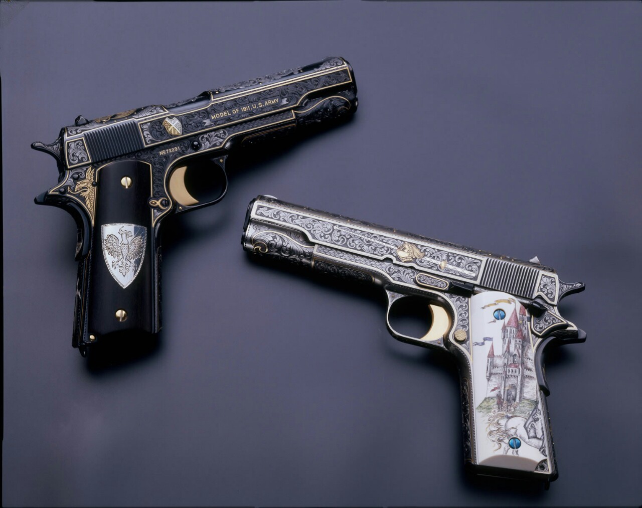 badger-actual:  White and Black Knight, Colt 1911s. 