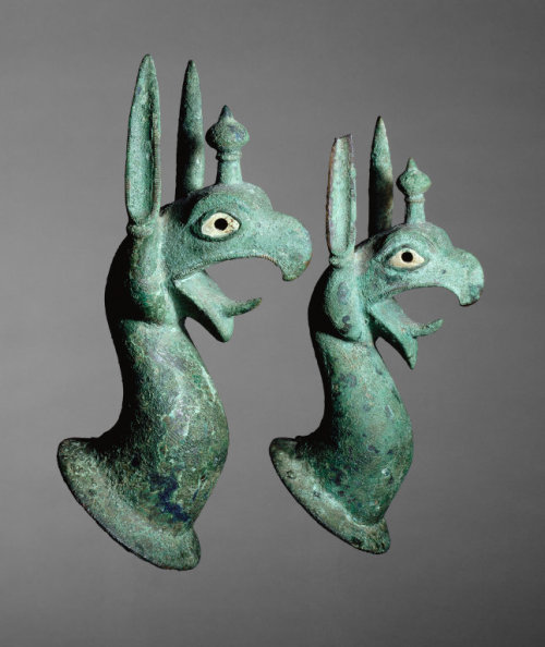 Pair of Protomes Depicting the Forepart of a Griffin, 625-575 B.C.Bronze with bone or ivory inlay1: 