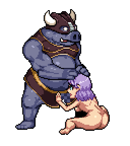 Purple haired female captive giving an orc warrior a blow job.