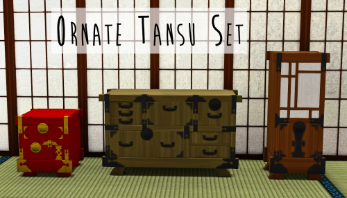 Ornate Tansu Set by teanmoonEach object comes in 6 color variants, including wood tones and lacquer.