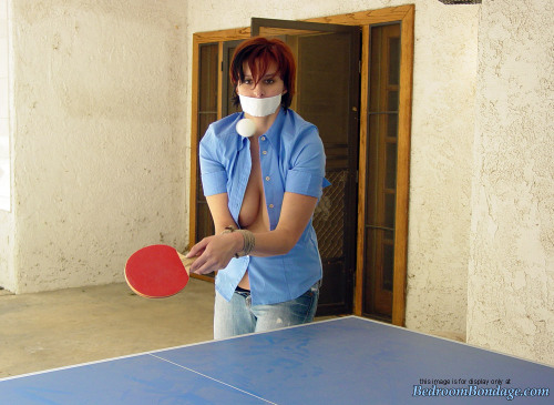 damselsandothersexyness:  nowheretohide14:  Kimberly Marvel playing ping pong, bound and gagged. Thi