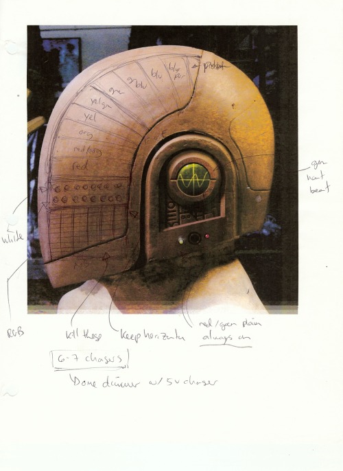ughpsh:  Daft Punk’s Original Helmet Sculptures From Brian Cox, SFX designer:  A couple of interesting things in these original design notes: First, on Thomas’ helmet, you can see there were supposed to be a small set of “UV” meter LEDs on the
