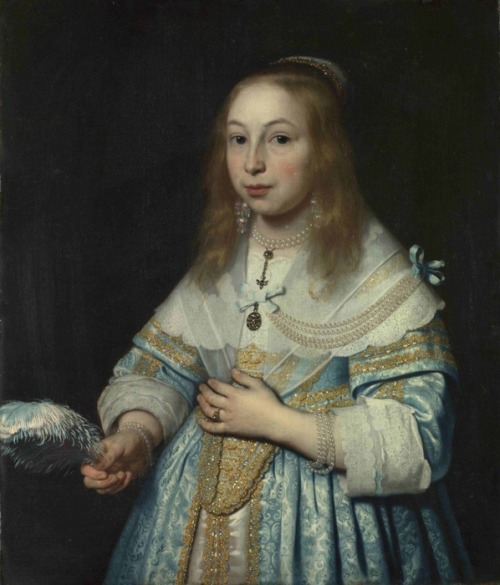 Portrait of a Girl in Pale Blue with an Ostrich Feather Fan by Bartholomeus Van Der Helst, 1645