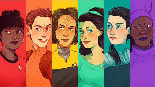 doodlingleluke:~a rainbow of iconic star trek women~So beautiful! I love the colored shading on ea