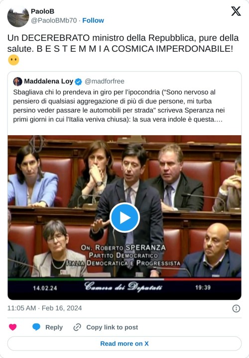 Un DECEREBRATO ministro della Repubblica, pure della salute. B E S T E M M I A COSMICA IMPERDONABILE!😶 https://t.co/hCAT7DA0YT  — PaoloB (@PaoloBMb70) February 16, 2024