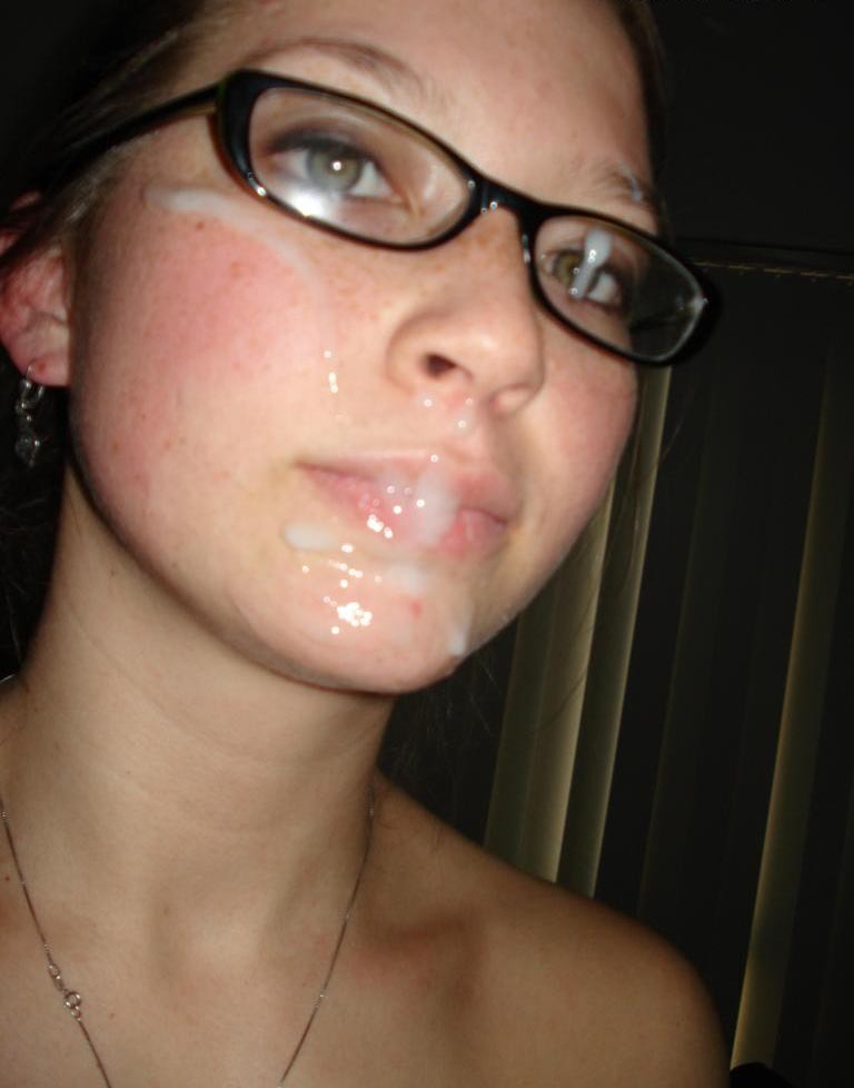 Girl with glasses cum covered face