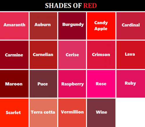 goddessofsax:  Here’s a handy dandy color reference chart for you artists, writers, or any one