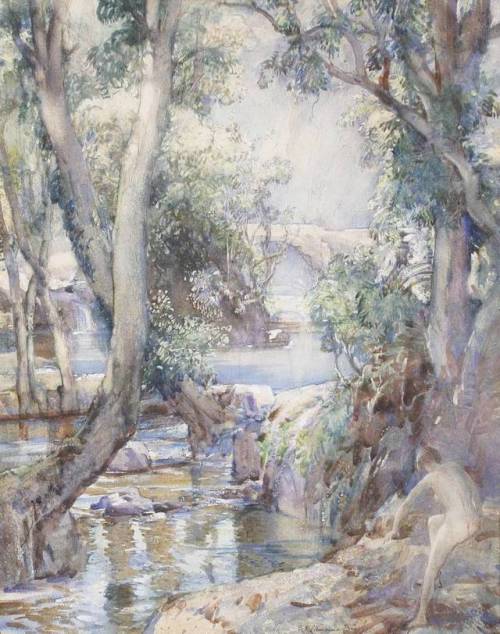 Samuel John Lamorna-Birch (1869 - 1955)River landscape with bather