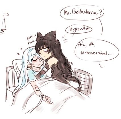 (long awaited?) conclusion to this post if u chose the top ending: blake stays by weiss’s side in the infirmary until she gets better.   she stays there for very long periods of time, kissing her head and making sure to purr when shes holding her