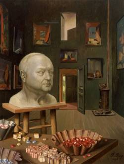 lyghtmylife:   Pierre Roy [French Surrealist Painter, 1880-1950] Boris Anrep in his Studio, 65 Boulevard Arago 1949 Oil on canvas 65,3 x 50,1 cm  Tate Gallery, London, UK 