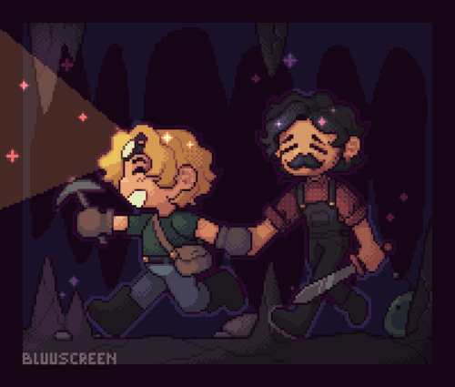 a pixel art gif of martyn and mumbo from my stardew valley au. they’re shown in a dark cavern with many stalactites and stalagmites in the background. there is a slime behind one of the stalagmites. martyn is cheerfully leading mumbo forward by the hand, smiling wide with his eyes closed and pickaxe forward as he runs. he has a headlamp on that’s lighting their way and a satchel over his shoulder. mumbo is following behind with his own eyes closed and tilted downwards like he’s somewhat resigned. he has a sword in the hand that isn’t holding onto martyn’s. both characters are bouncing up and down in place. the whole piece has a few purple sparkles over it that twinkle in time with the bouncing.
