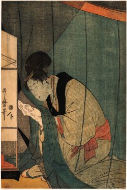 shigatsunoame:  Woman Reading A Letter by Oil Lamp (1790). Kitagawa Utamaro. 