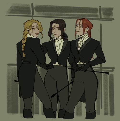 The Dimitrescu daughters in riding clothes + the maid’s fan flirting language