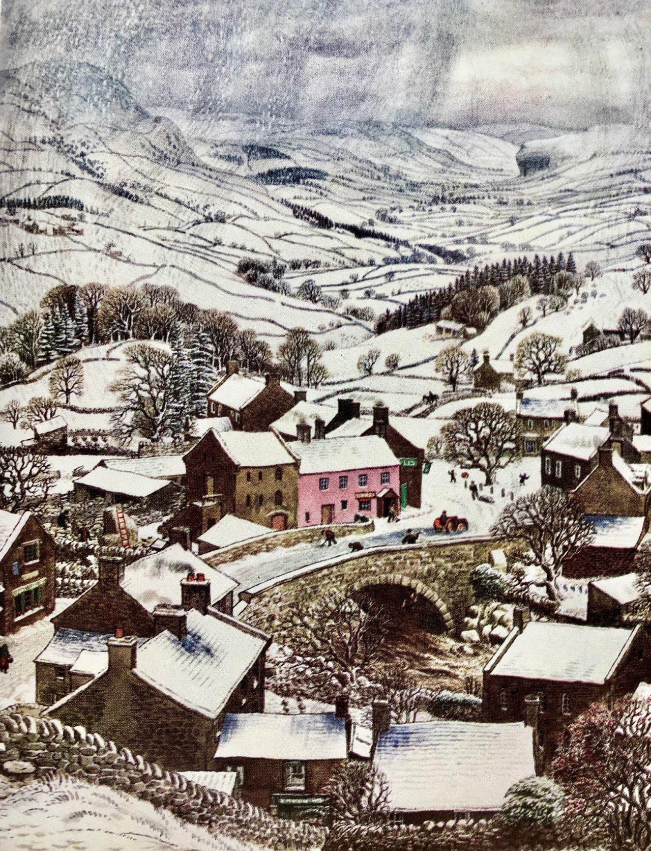 “Snowstorm in a Pennine Valley” #ladybird books#Illustration#england#winter#snow#white#village#yorkshire