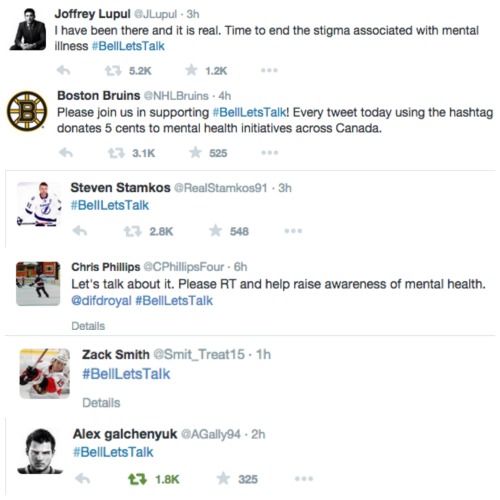 crosbieksa:Hockey Players Showing They Care: #BellLetsTalk Edition