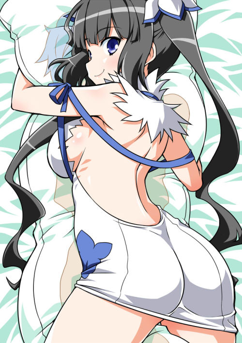 michiaki:  dungeon ni deai wo motomeru no wa machigatteiru darou ka?, hestia (danmachi), akou roushi, 1girl, arm ribbon, ass, black hair, blue eyes, blush, breasts, dakimakura (object), dress, hair ornament, hair ribbon, large breasts, long hair, looking