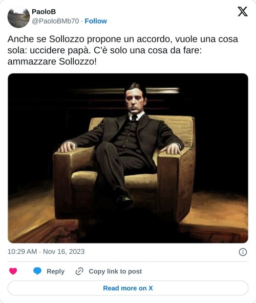 Anche se Sollozzo propone un accordo, vuole una cosa sola: uccidere papà. C'è solo una cosa da fare: ammazzare Sollozzo! pic.twitter.com/aHK1v2IYYL  — PaoloB (@PaoloBMb70) November 16, 2023