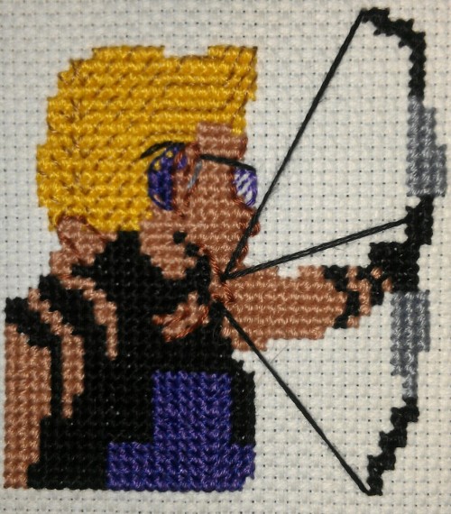 parvumautomaton: Clint Barton cross stitch featuring a bte purple hearing aid, because well of cours