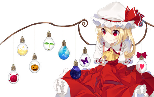東方、フランドール・スカーレット、yusano、★、❤、バラ、ドレス、リボン、ショートヘア、ネッカチーフ、レッドドレス、hanging、light bulb、ornament、一人、南瓜、女一人、帽子、植物、白い背景、空、笑顔、紐、翼、シンプル背景、お花、蝶々、赤目、金髪、銀河