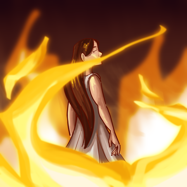 A digital painting of Agnes Montague surrounded by fire. Her back is to us but she's looking over her shoulder with a somewhat bored expression. The fire burns brightly, casting stark shadows on her. One tendril of flame covers her mouth.