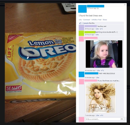 My friend trying to convince me Lemon Oreos are Amazing on FB&hellip;