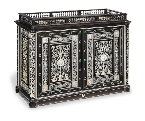 RENAISSANCE REVIVAL TABLE CABINETHARDSTONE MOUNTED EBONY AND ENGRAVED IVORY MARQUETRYBY GIOVANNI BAT