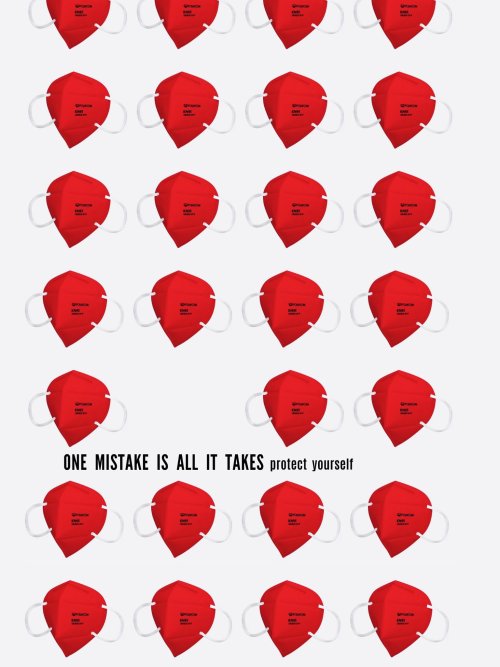 poster with white background and bright red POWECOM KN95 masks organized in an approximately 4x7 array. In the fifth row, second column, one mask is missing. the caption reads "ONE MISTAKE IS ALL IT TAKES" "protect yourself"