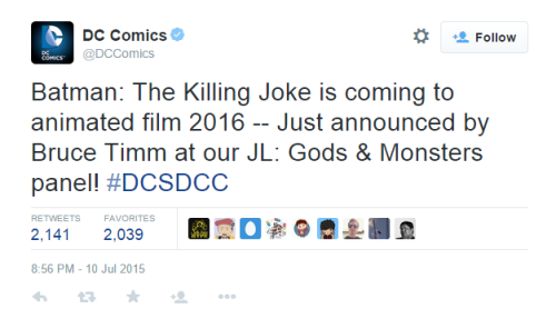 “The Killing Joke” will be turned to an animated film produced by Bruce Timm in 2016!Thi