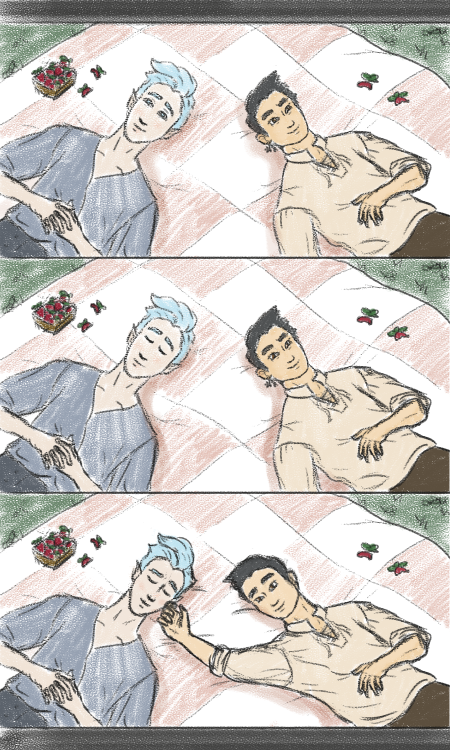 ashen-crest: [ID: a three-panel comic. Two men (Ambrose, left, and Eli, right) are lying on a pink c