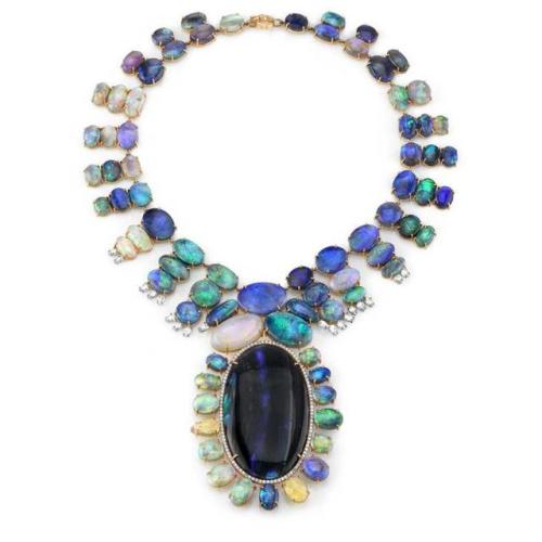 opaldome: One-of-a-kind Irene Neuwirth necklace in rose gold with mixed black Lightning Ridge opals,