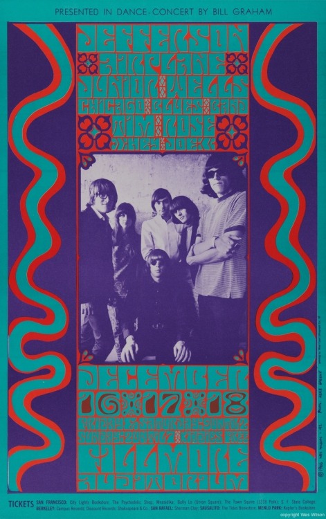 theswinginsixties:

Jefferson Airplane, Junior Wells, Chicago Blues Band and more at the Fillmore - artwork by Wes Wilson. 