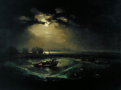 the-erl-queen:Image: Fishermen at Sea, J.M.W Turner (1796)“My awakenings at sea were graced by storms.Lighter than a cork, I danced on the waves -Eternal breakers of men, some say.”Arthur Rimbaud (1871)