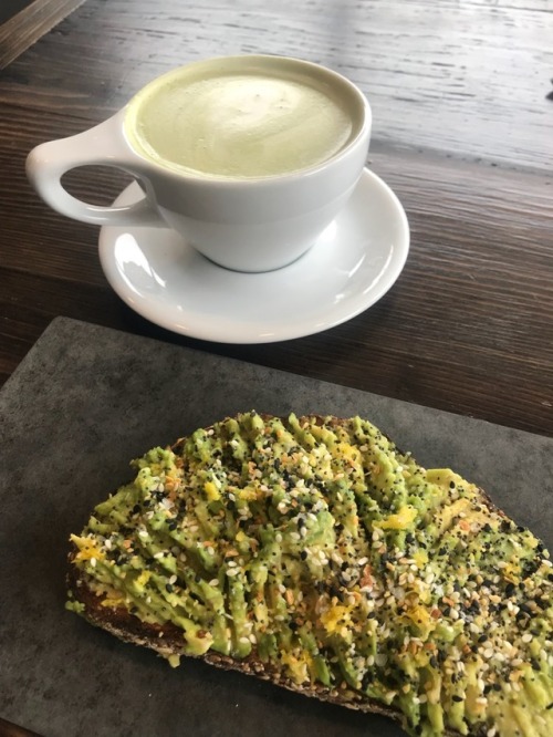 Avocado toast and matcha almond milk latte