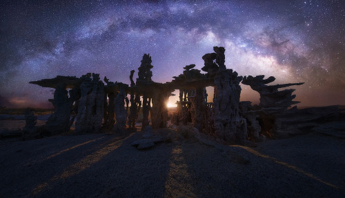 Moon Shrine. The crescent moon rises under the Milky Way and the sand tufa formations of Mono Lake, 