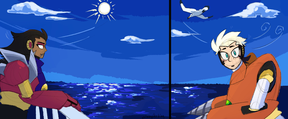 (Metal Man, helmetless, gazing out at the ocean, as his long hair lightly blows in the wind. Crash Man looks at him in surprise, taking in the sight of his mysterious linemate.)
