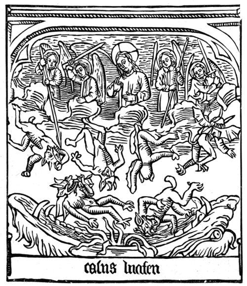 medievalengravings: ‘The Fall of Lucifer’, from the Speculum Humanae Salvationis. 1455