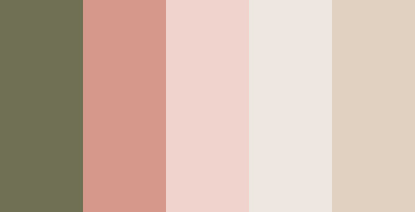 color-palettes:Sleepy Rose Fugue - Submittedby SeesawSiya#707053 #d5988a #f0d3cd #ede7e0 #e1d1c0