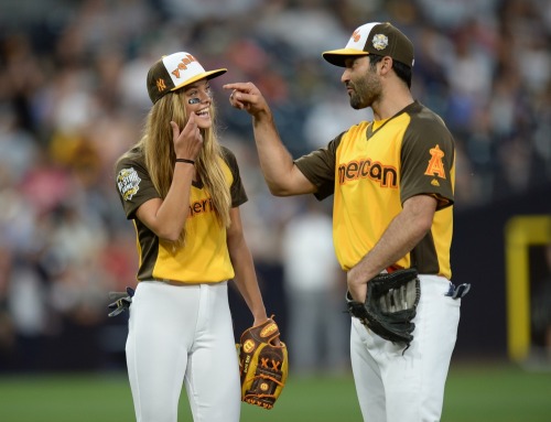 wolfspirals:Nina Agdal (left) with Tyler Hoechlin (right) during the All Star Game legends and celeb