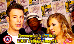 febricant:  princebucky: Chris, why do you feel like Captain America is the perfect hero for our times?  Samuel L Jackson knows what’s up. 